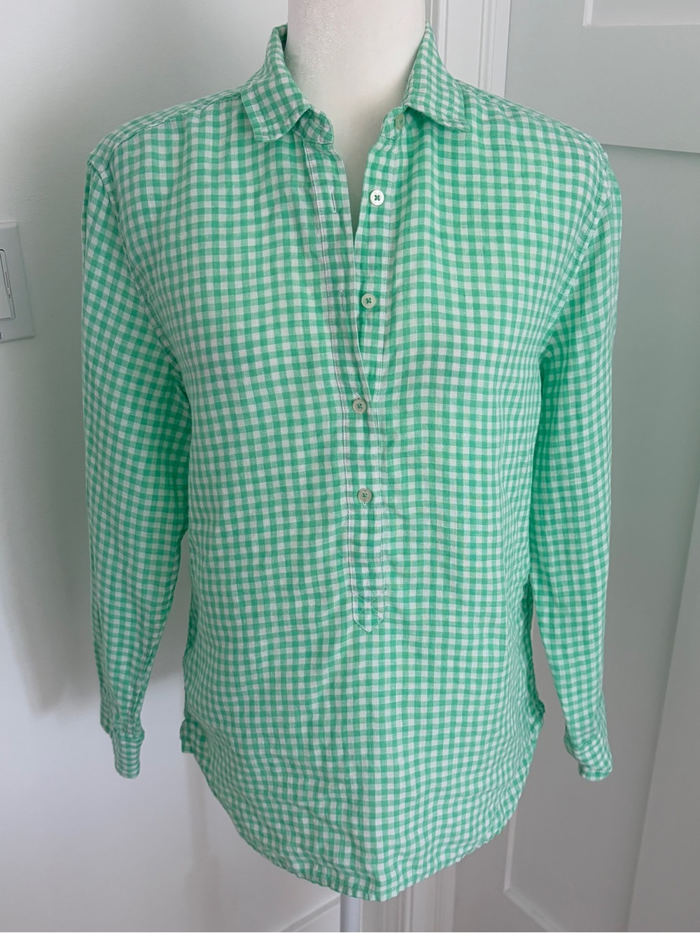Southern Tide 100% Linen Shirt Green White Gingham Plaid Button Women’s Small*16